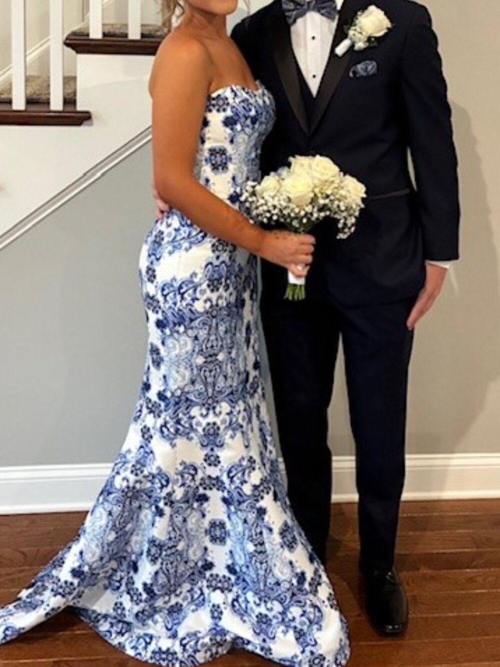 Prom Dress: Strapless Blue and White Floral - Picture 7 of 7